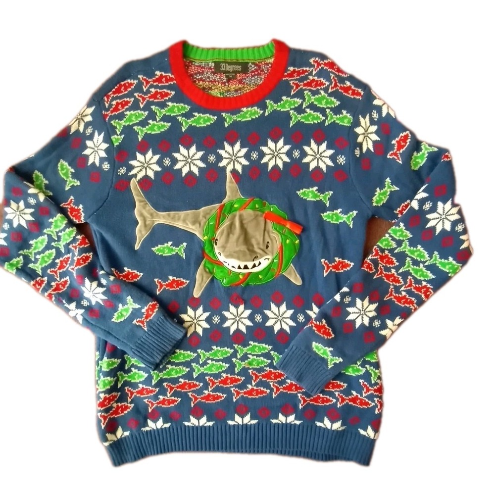 33 Degrees‎ Christmas Sweater Mens Medium Blue Shark Ugly Holiday Pullover